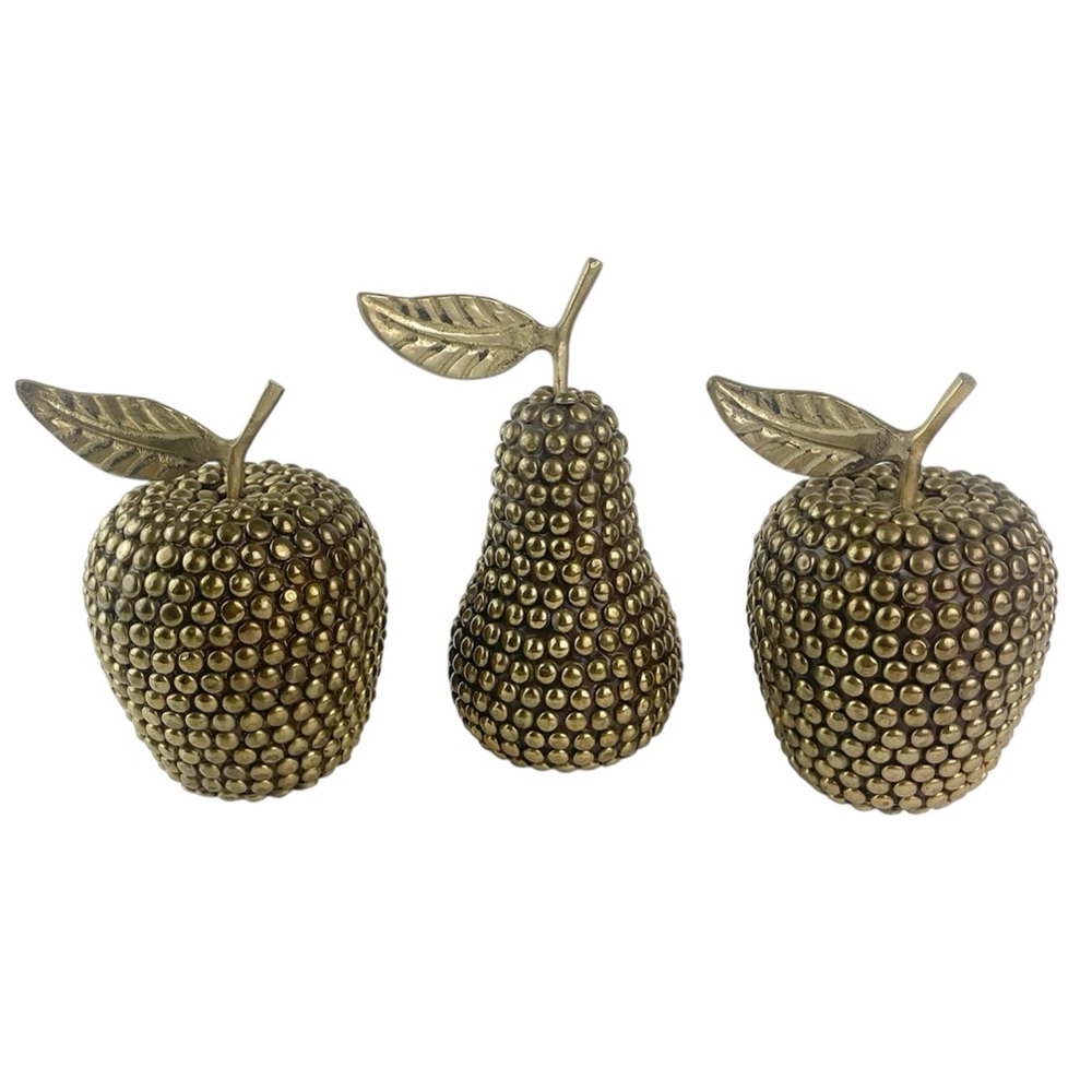 Vintage Textured Metal Apple Pear Gold Fruit Set Mid Century Modern Paperweight